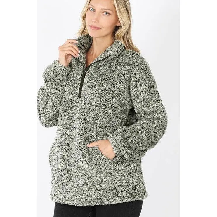 MELANGE FAUX FUR HALF ZIP POCKET PULLOVER Zenana