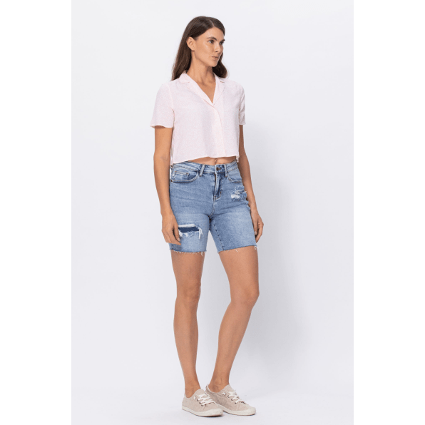 High waisted mid length denim patch shorts