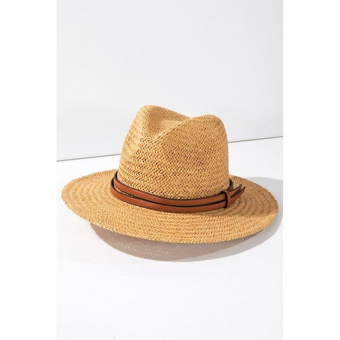 Panama hat with faux leather band accent