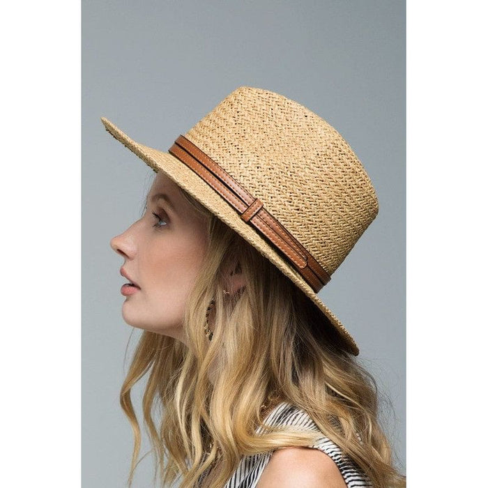 Panama hat with faux leather band accent
