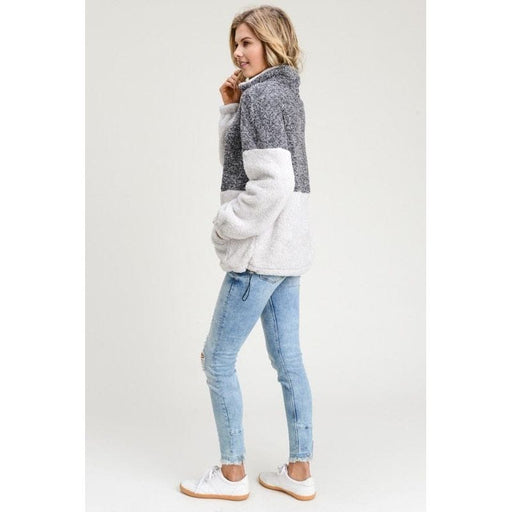TWO TONE TURTLE NECK FUZZY PULL UP ZIPPER SWEATER