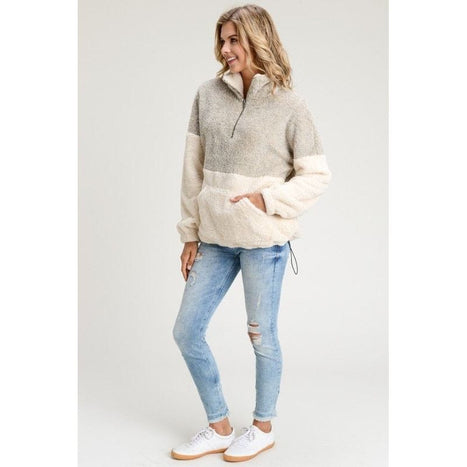 TWO TONE TURTLE NECK FUZZY PULL UP ZIPPER SWEATER