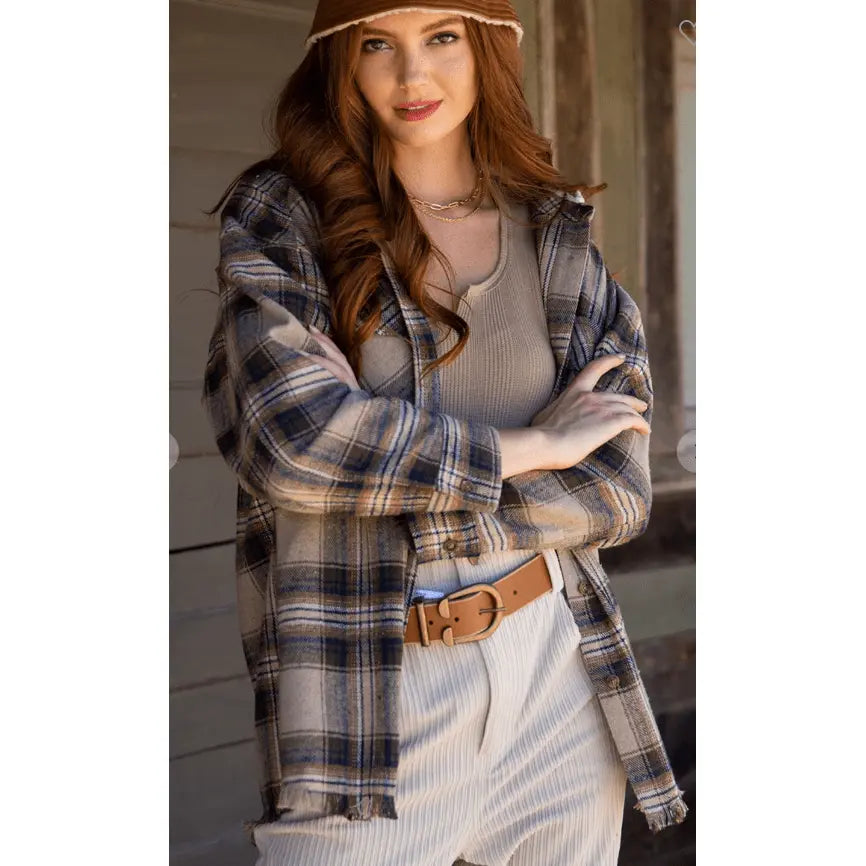 Women's Plaid Checked Button Down Hoodie Jacket - Cozy Shacket with Fringe Hem Very j