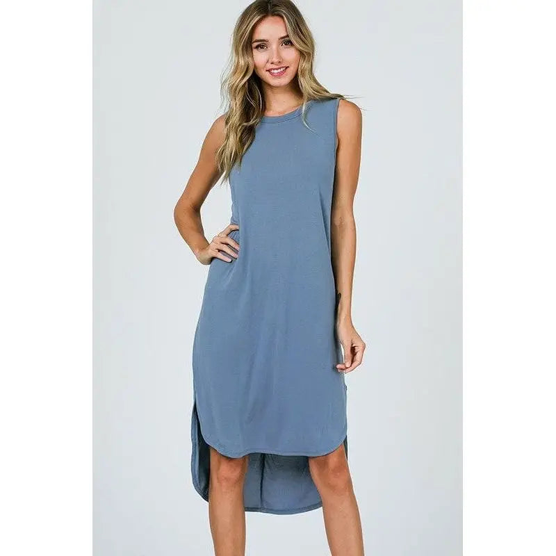 Cupro Round Neck Sleeveless Hi Low Hem Dress. LECCE