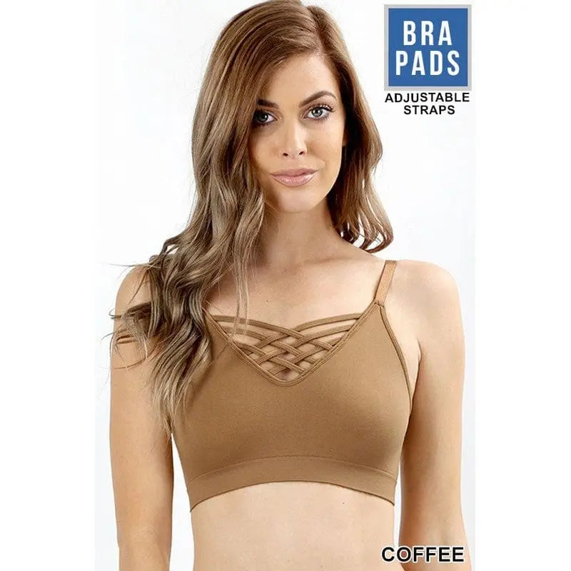 Front v-lattice, adjustable straps bralette with removable bra pads