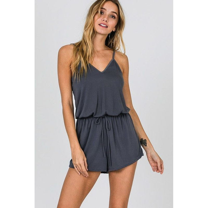 Sleeveless Strappy Romper with Drawstring Waist and self tie