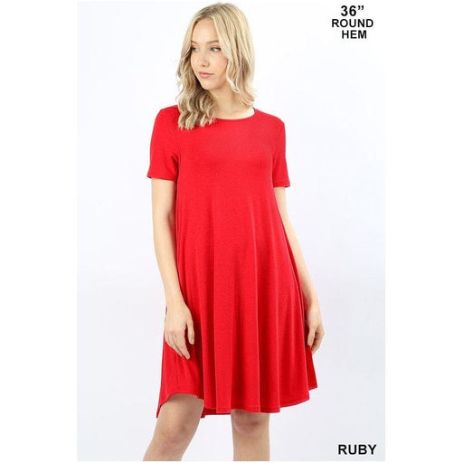 SHORT SLEEVE ROUND HEM A-LINE DRESS - SIDE POCKETS