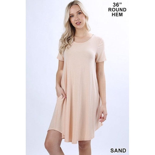 SHORT SLEEVE ROUND HEM A-LINE DRESS - SIDE POCKETS