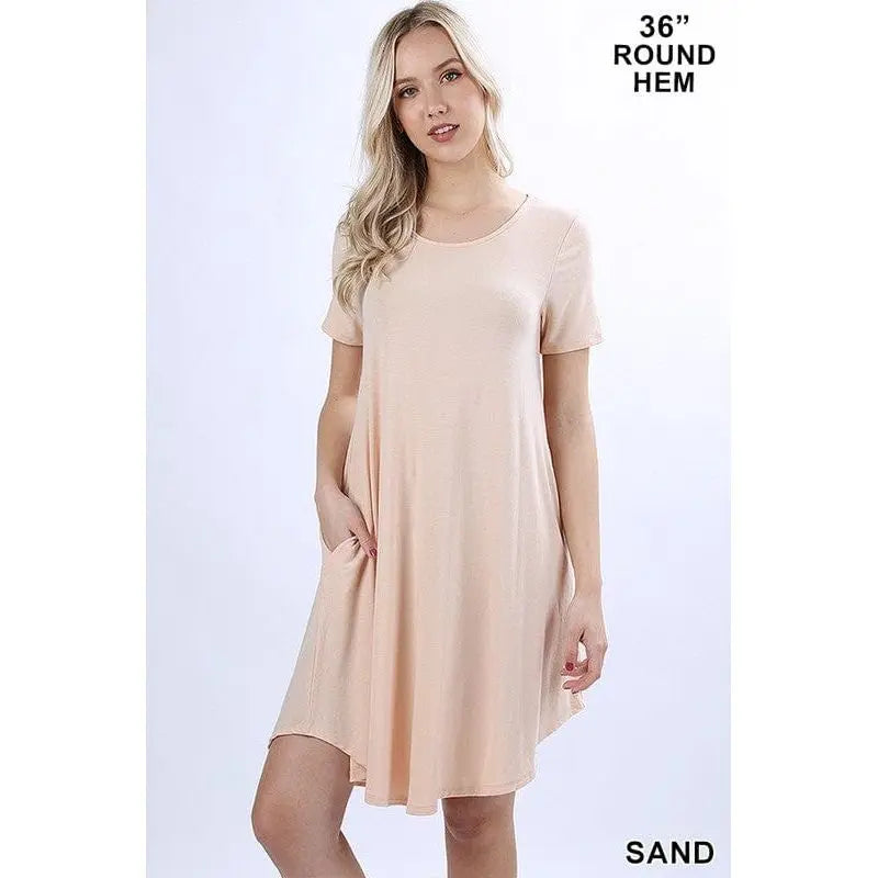 SHORT SLEEVE ROUND HEM A-LINE DRESS - SIDE POCKETS