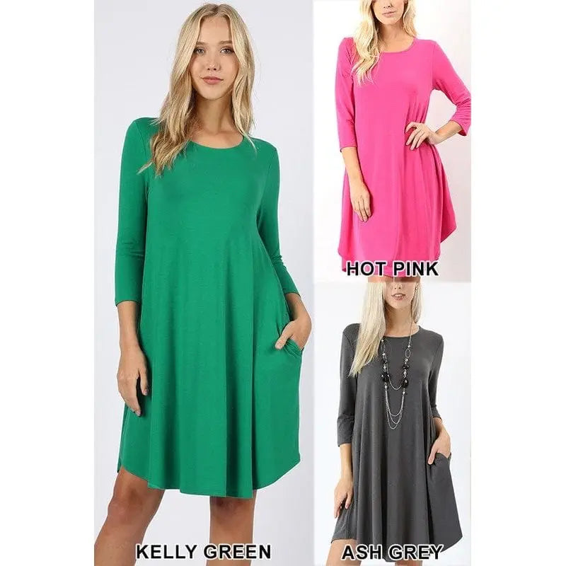 VESTIDO 3/4 SLV CON BAJO REDONDO Y BOLSILLOS LATERALES Mujer Ropa Boutique