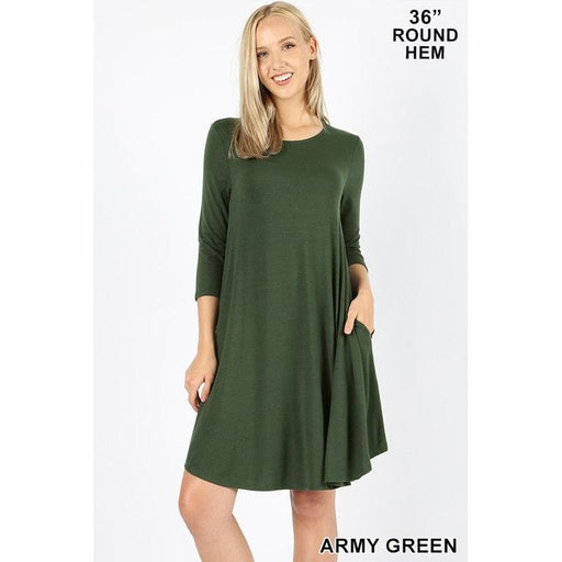 3/4 SLV ROUND HEM A LINE DRESS WITH SIDE POCKETS