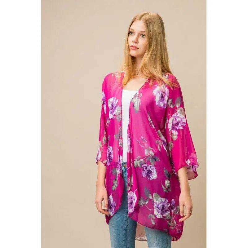 Sheer Three Quarter Sleeve Floral Print Kimono Cardigan LECCE
