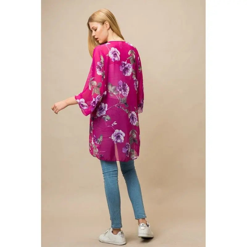 Sheer Three Quarter Sleeve Floral Print Kimono Cardigan LECCE