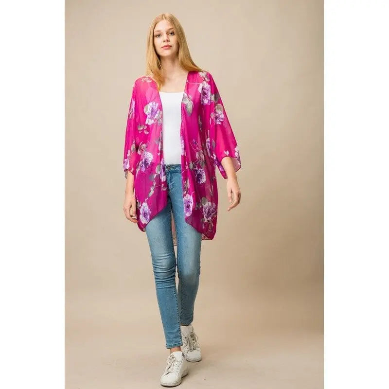 Sheer Three Quarter Sleeve Floral Print Kimono Cardigan LECCE