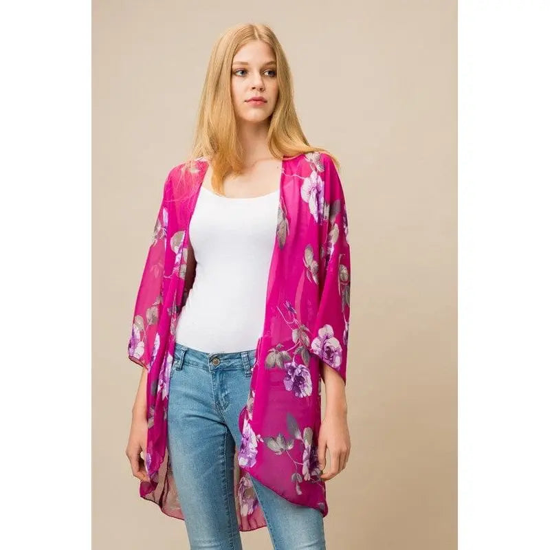 Sheer Three Quarter Sleeve Floral Print Kimono Cardigan LECCE