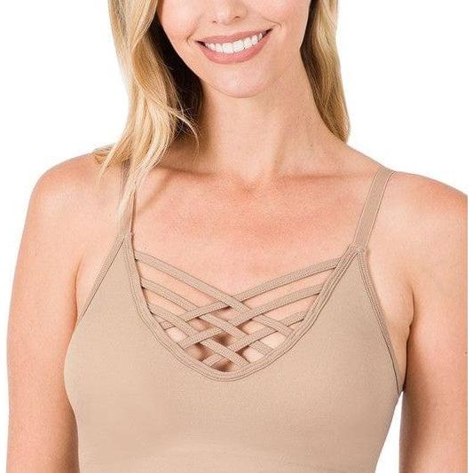 Front v-lattice bralette with removable bra pads