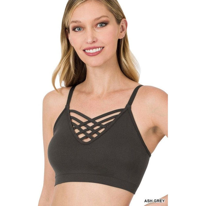 Front v-lattice bralette with removable bra pads