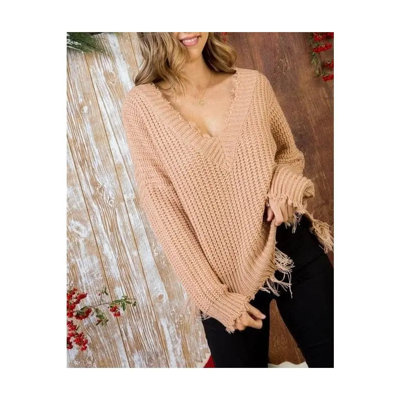Frayed V Neck Sweater