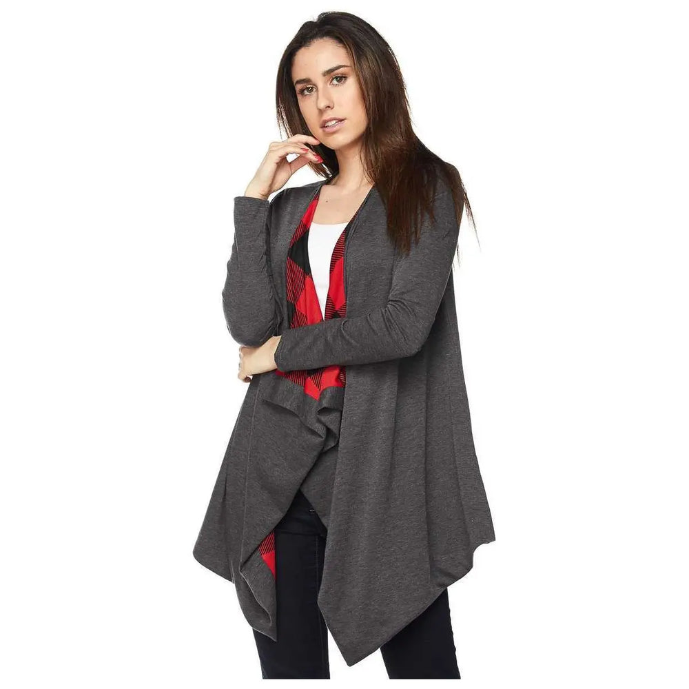  	Solid Draped Cardigan with Plaid Print Lining