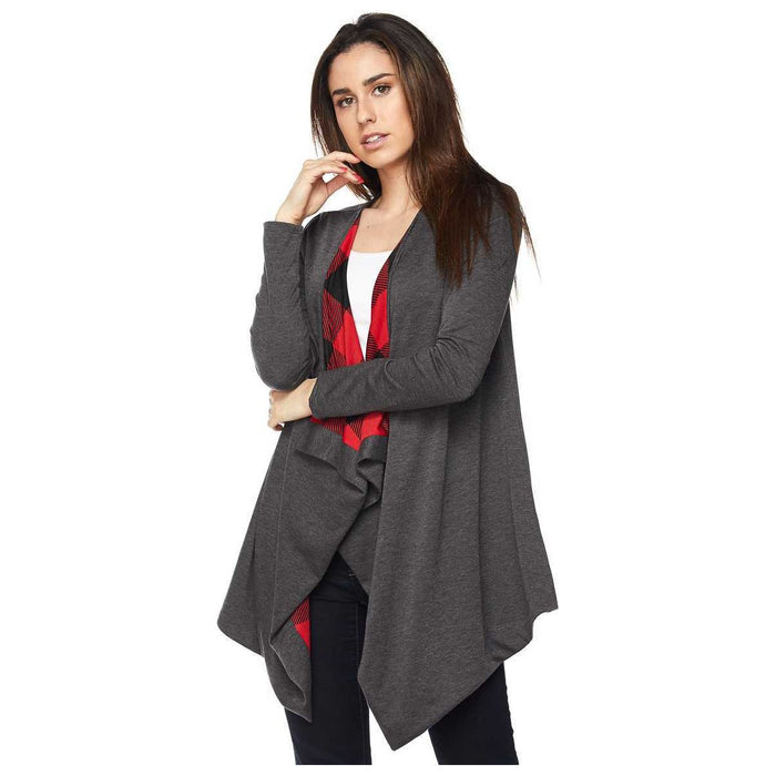  	Solid Draped Cardigan with Plaid Print Lining