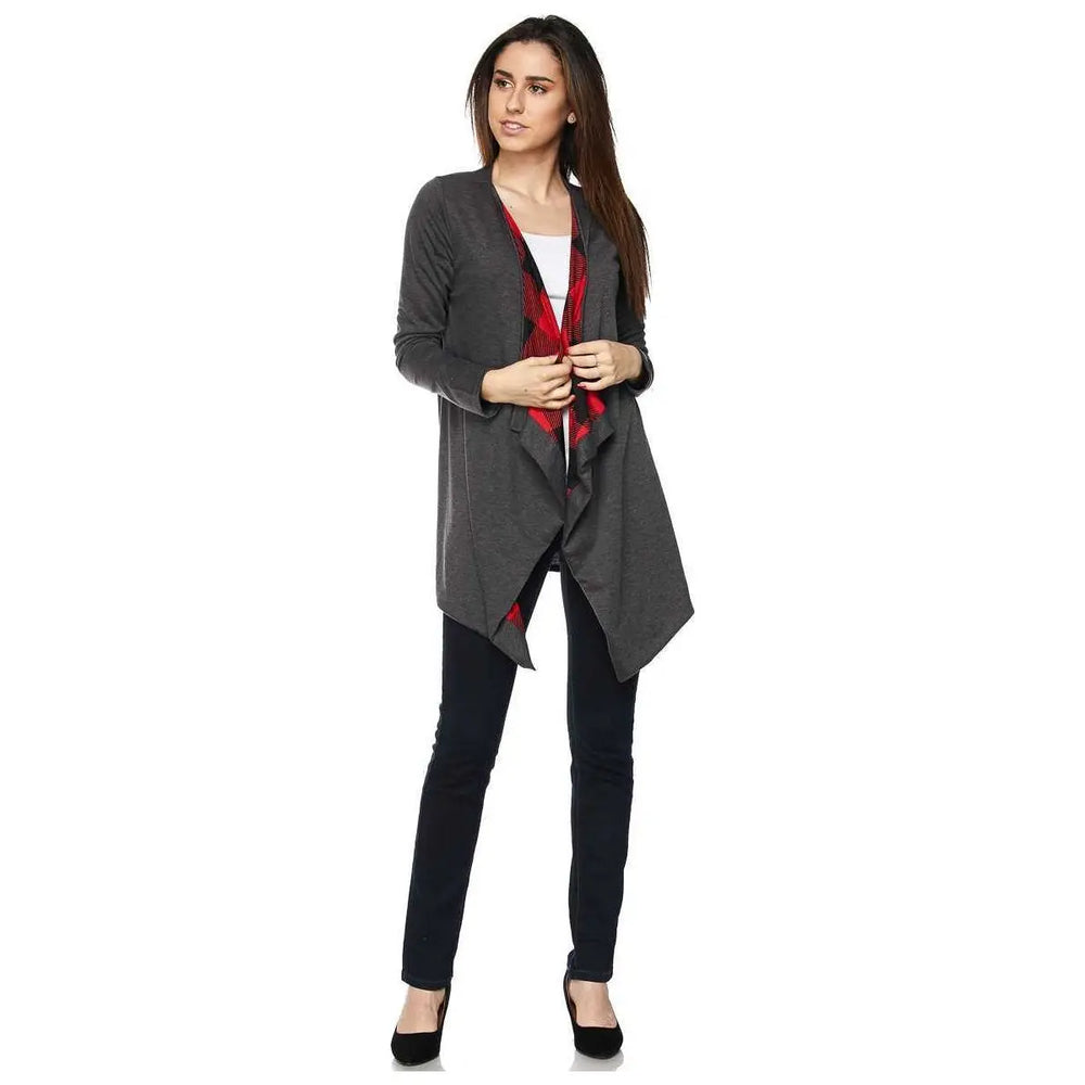  	Solid Draped Cardigan with Plaid Print Lining