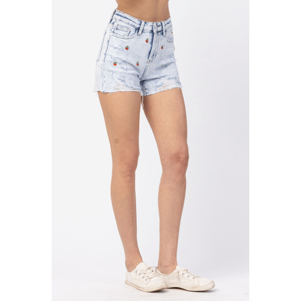 High waisted cherry embroidery acid wash shorts