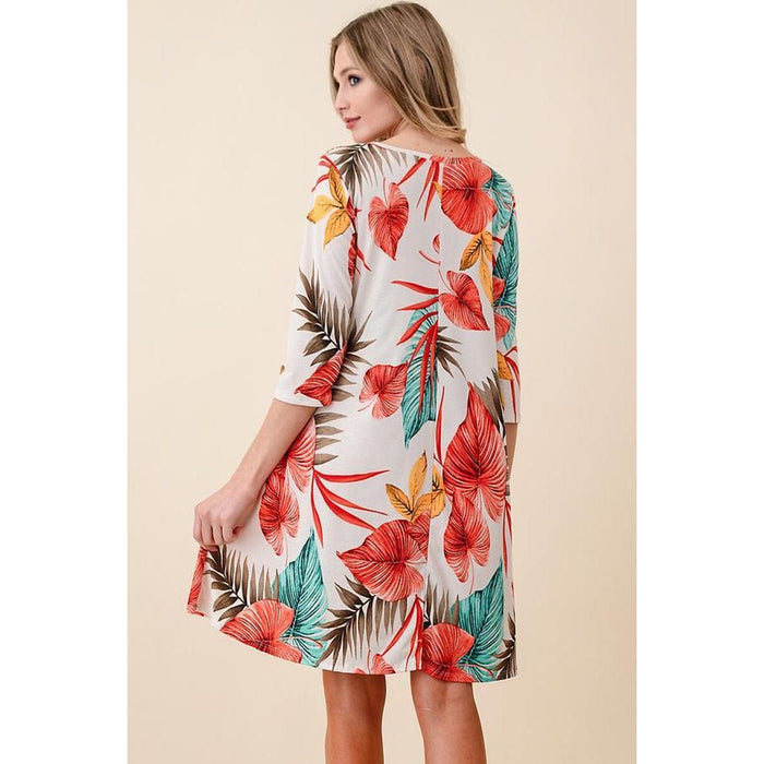 Tropical Print A-line Knit Dress with pockets