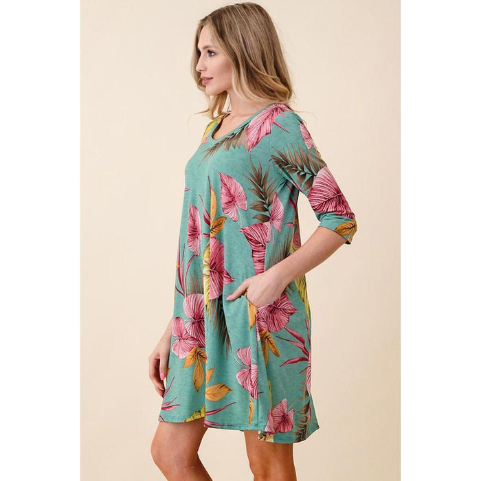 Tropical Print A-line Knit Dress with pockets