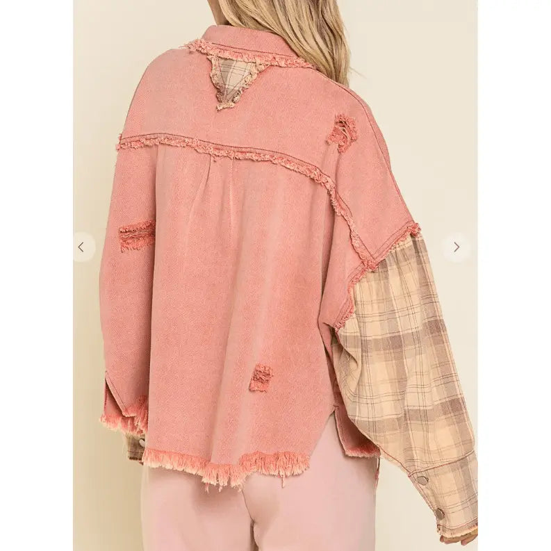 Distressed mix plaid jacket