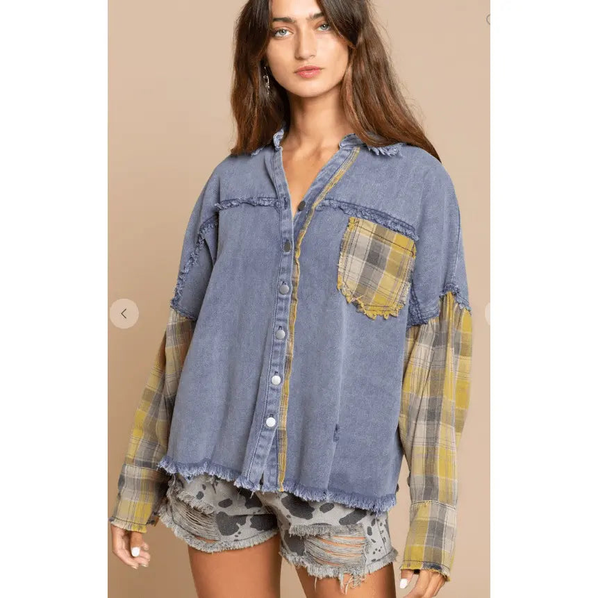 Distressed mix plaid jacket