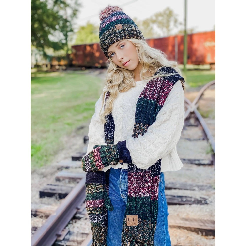 Fuzzy Lined Tri-Color Pom CC Beanie HAT1816 CC Brand
