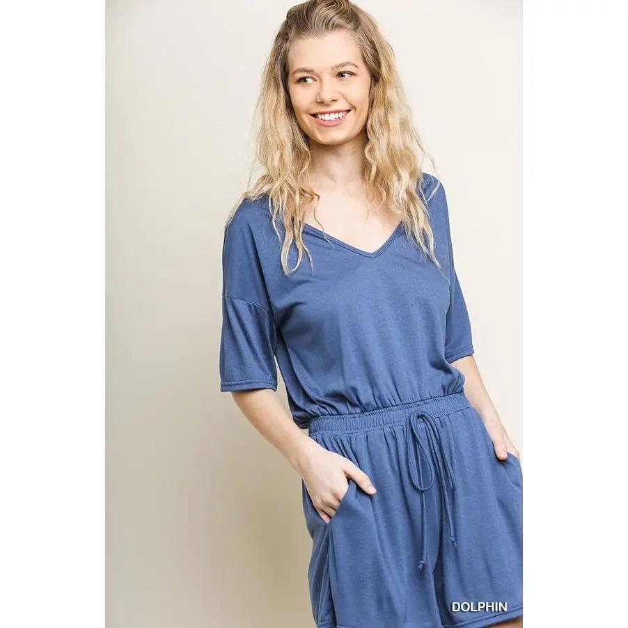 Short Sleeve V-Neck Pocket Romper with an Elastic Drawstring Waist LECCE