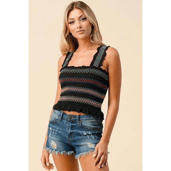 Multi color stitch all over smocking tank top