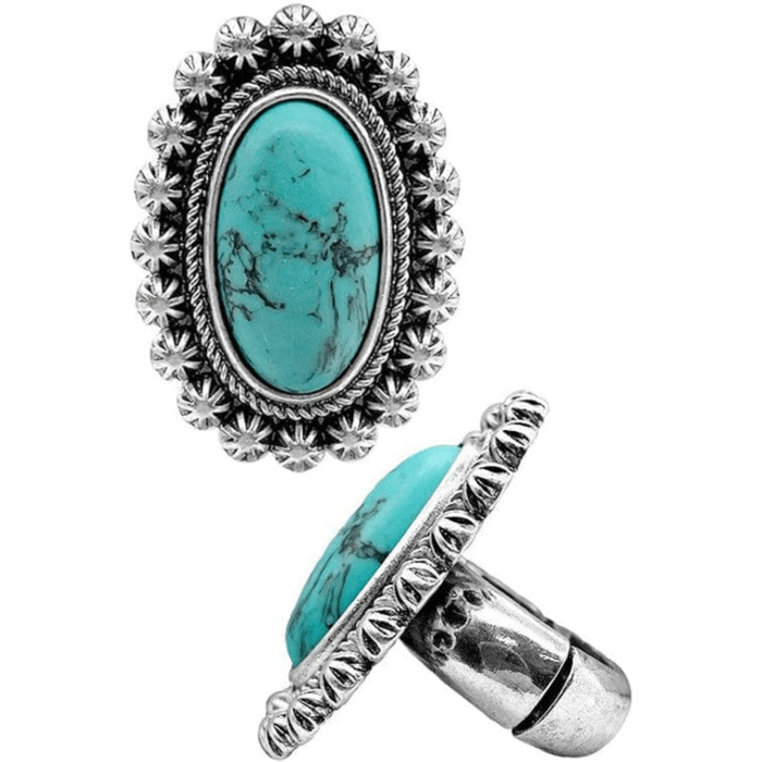 Western concho cable texture oval gemstone ring