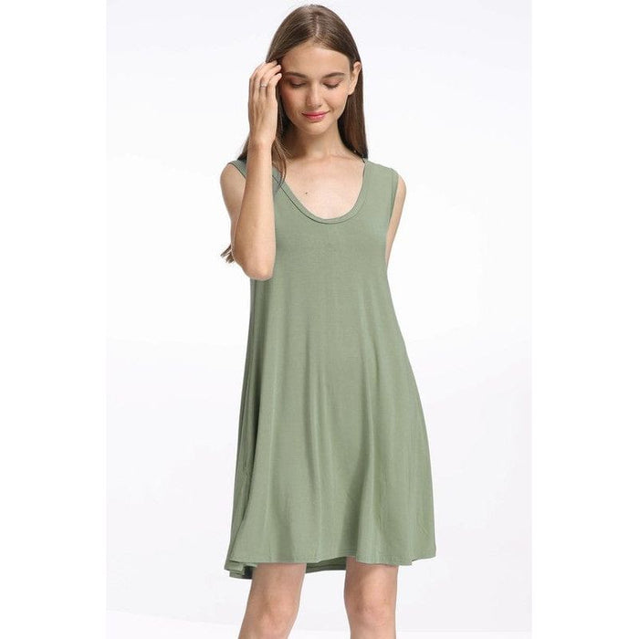 Bamboo spandex knitted tank swing dress with side seam pockets.