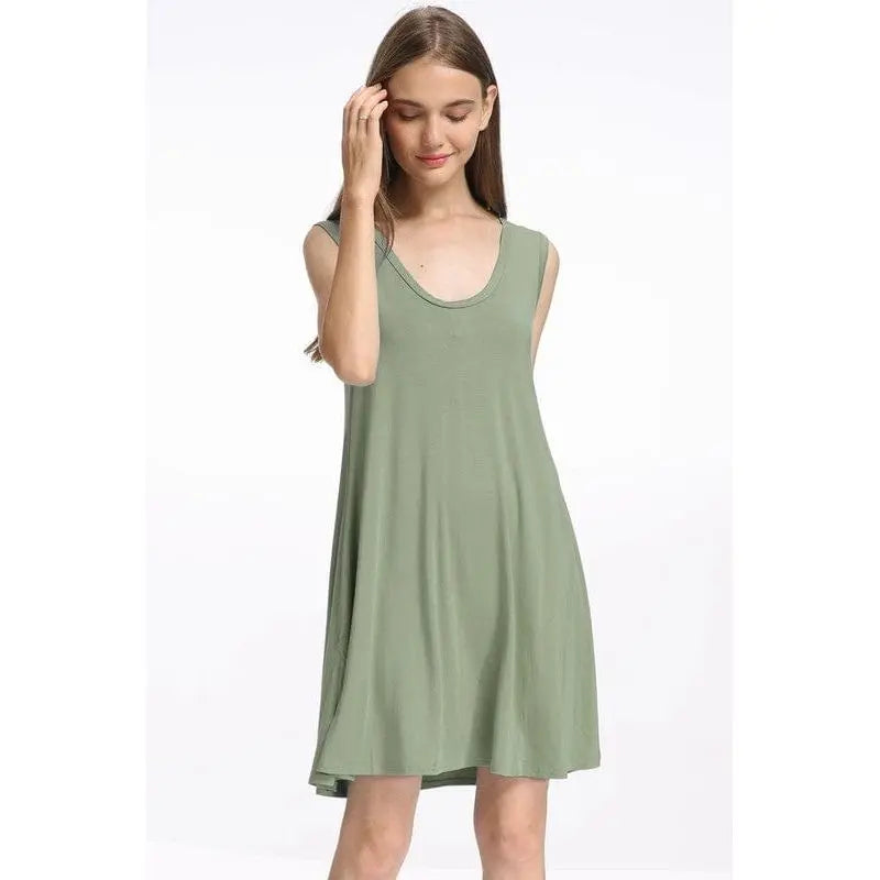 Bamboo spandex knitted tank swing dress with side seam pockets. LECCE