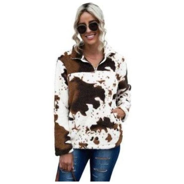 Zip collar cow print fleece sweatshirt