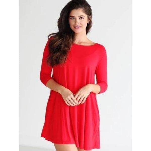 BAMBOO 3/4 SLEEVE TRAPEZE DRESS RED
