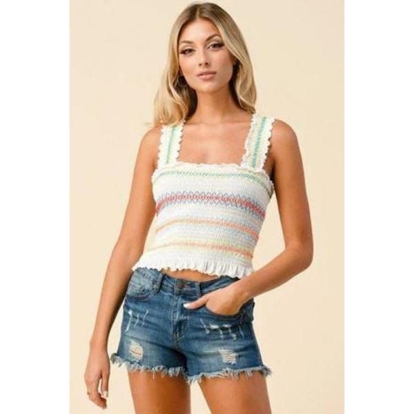 Multi-Color Stitch All Over Smocking Tank Top