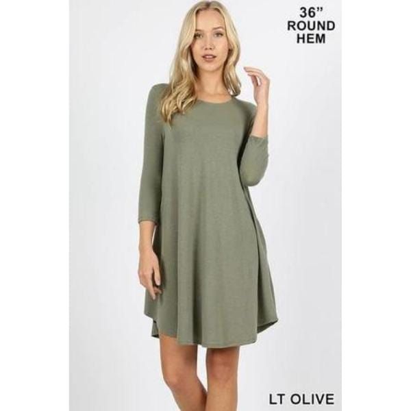 3/4 SLV ROUND HEM A LINE DRESS WITH SIDE POCKETS Women Clothing Boutique