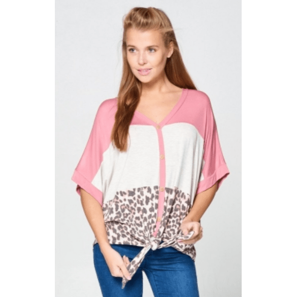 Leopard Color Block Top with Button and Knot