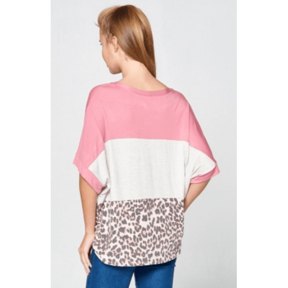 Leopard Color Block Top with Button and Knot