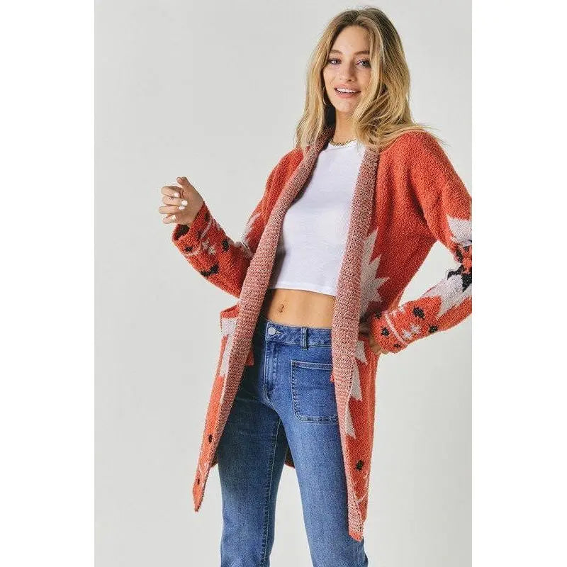Fleece jacquard button opened cardigan Davi & Dani
