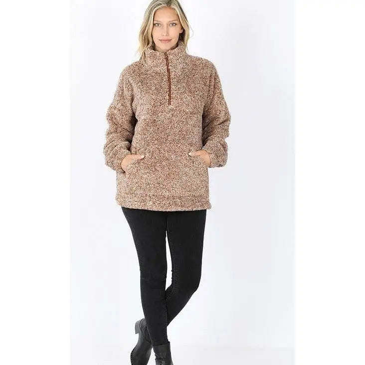 ANGE FAUX FUR HALF ZIP POCKET PULLOVER