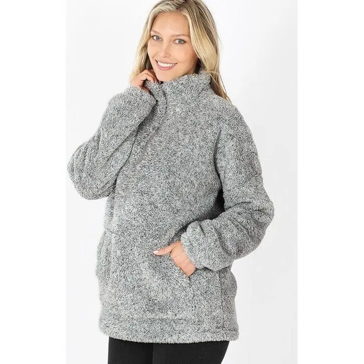 MELANGE FAUX FUR HALF ZIP POCKET PULLOVER Zenana