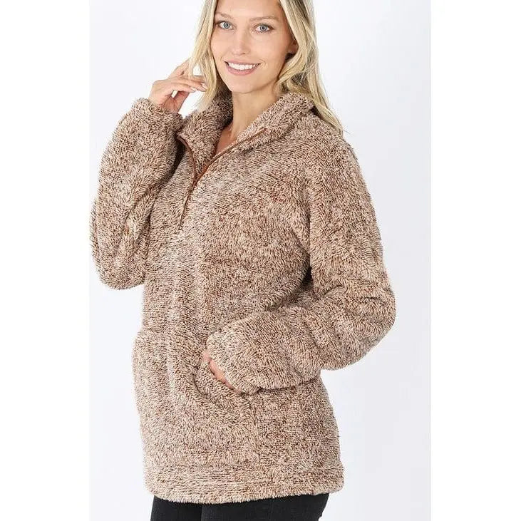 MELANGE FAUX FUR HALF ZIP POCKET PULLOVER Zenana