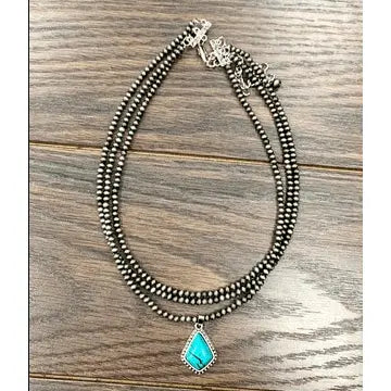 Double Layer Navajo Pearl Necklace with Turquoise Pendent - LECCE