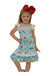  BLUE DRESS WITH CAMPING TRAILER PRINT & LACE DETAIL. 