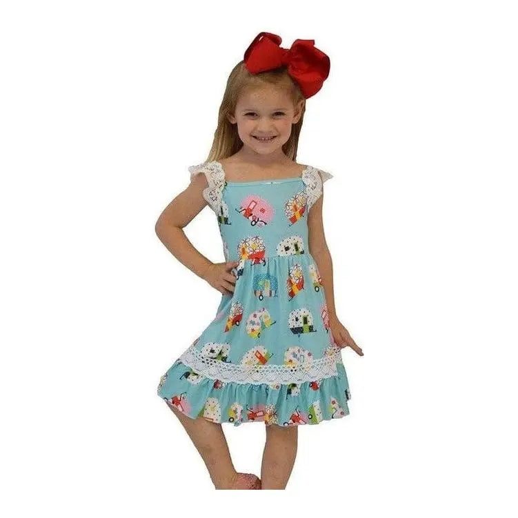  BLUE DRESS WITH CAMPING TRAILER PRINT & LACE DETAIL. 