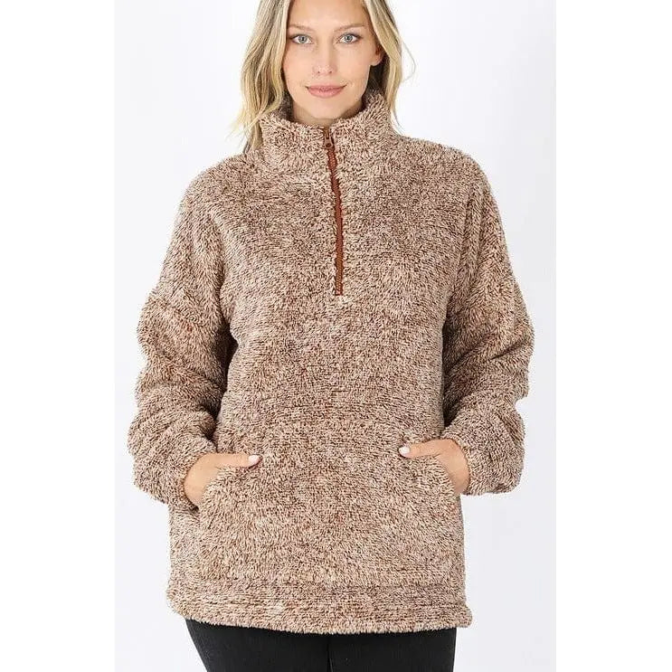 ANGE FAUX FUR HALF ZIP POCKET PULLOVER